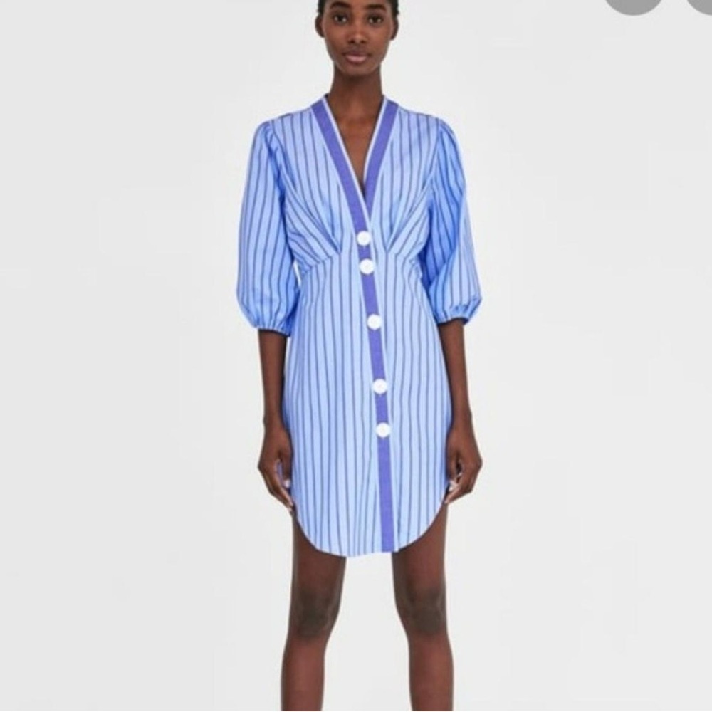 Zara Poplin blue Assymetrical Button Ballon Sleeve Pinstripe Dress size medium